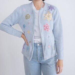 Vintage White Stag Baby Blue Knit Embroidered Snowflake Zip Cardigan Sweater L